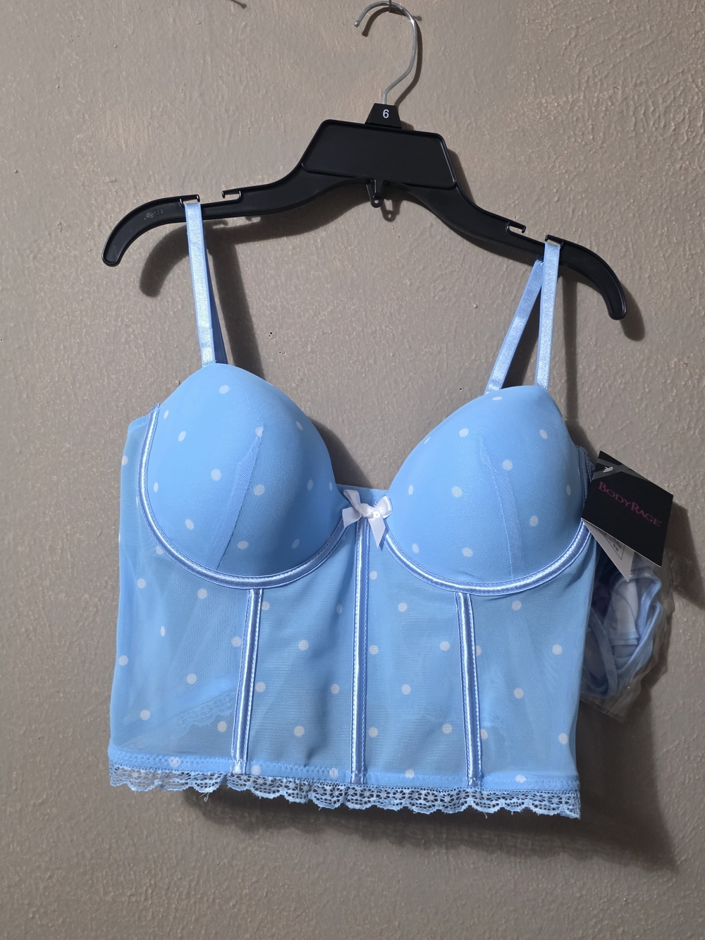 Sky Blue Polka Dot Longline Bustier Bra with Lace Trim